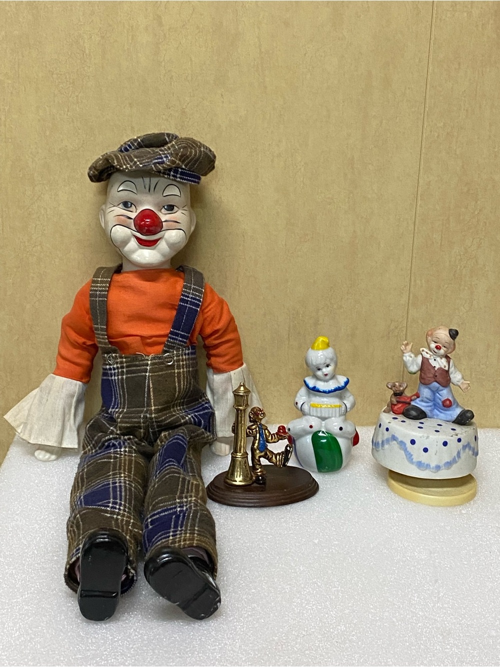 Vintage Clown Doll, clown music box, clown lot figurines